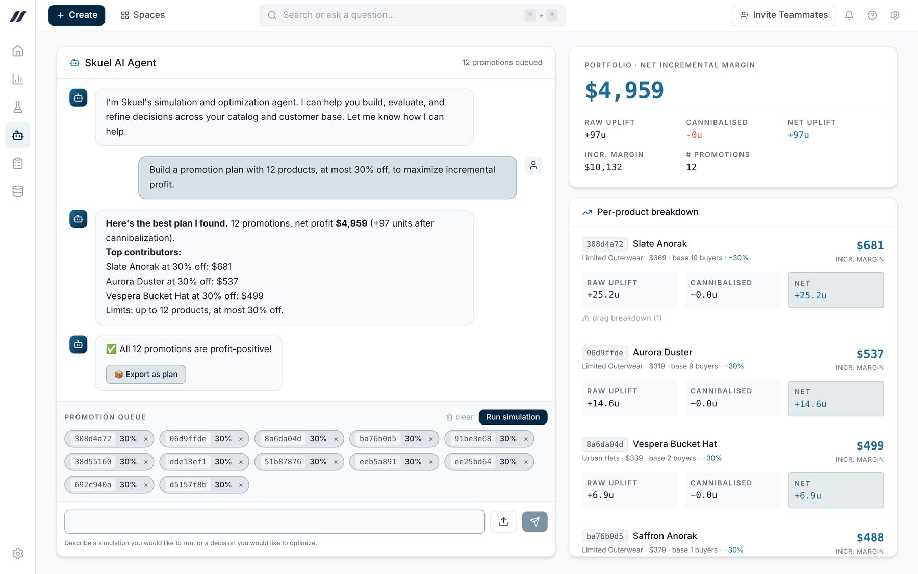 skuel's AI agent building a 12-product promotion plan with predicted net margin of $4,959